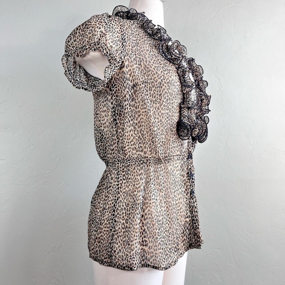 Y2k Sunny Leigh Leopard Print Sheer Ruffle Front Half Button Down V Neck Top - Picture 7 of 11
